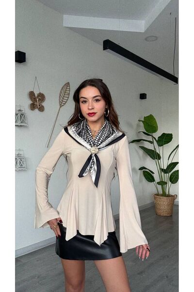 modadagiyim Burgundy Scarf Detail Asymmetrical Cut Spanish Sleeve Very Stylish Blouse