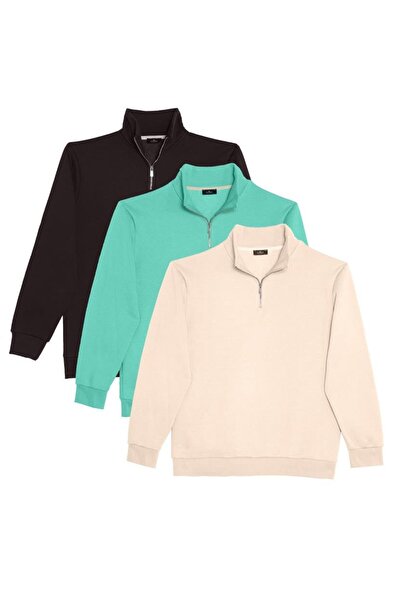 Tudors Unisex 3-Pack Brown-Green-Ecru Relax Fit Cotton Half-Zip Mock Neck Sweatshirt