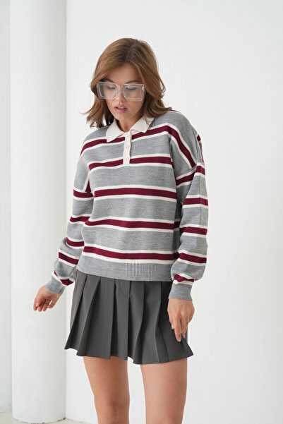 Park Karon Women's Polo Neck Striped Soft Textured Oversized Knitwear Sweater