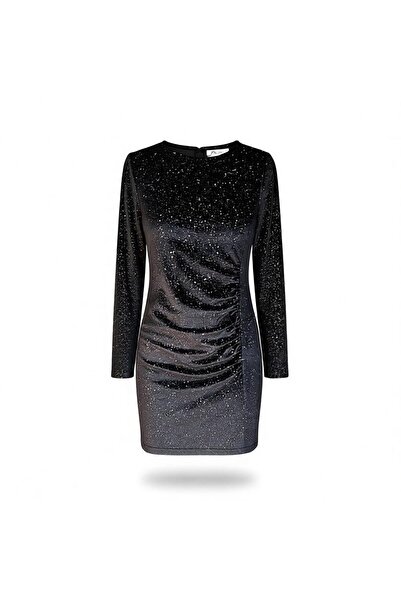 Eight Fashion Kadın Kadife Drapeli Varak Baskılı Simli Esnek Mini Elbise