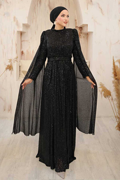 N.S NEVA STYLE Cape Detailed Black Sequined Hijab Evening Dress 47551S