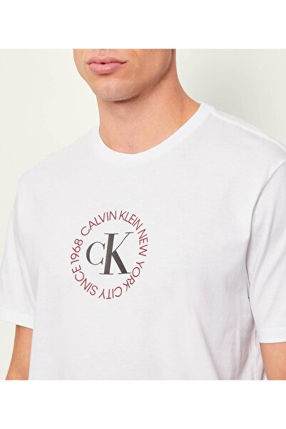 Calvin Klein Men's Regular Fit Logo Printed Short Sleeve Cotton White T-Shirt Lv14Re816G-Yaa