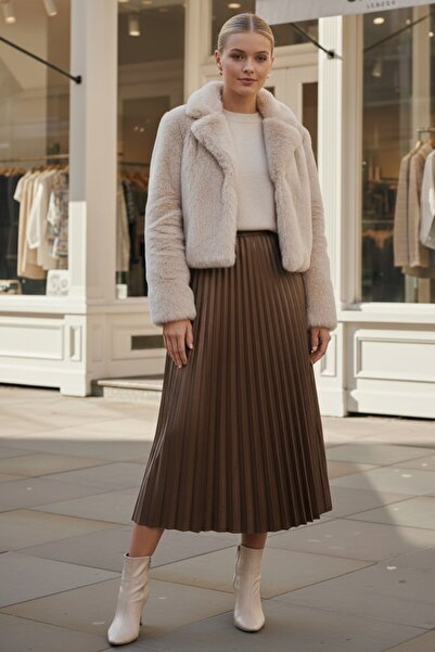 Chiccy Φούστα Camel με πλισέ ελαστική μέση casual από συνθετικό δέρμα μακριά υφαντή φούστα 95 60