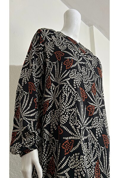 GİZGİYİM Black Viscose Patterned Side Tie Prayer Dress Plus Size