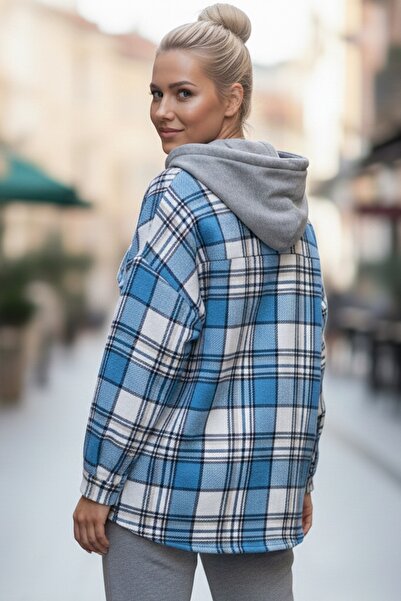 Chiccy Cămașă țesătă în carouri cu mânecă lungă, albastru cu glugă 68 65