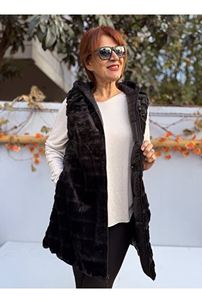 DenizEge K Hooded Vest with Fur Inside Black