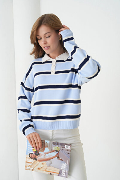 Park Karon Women's Polo Neck Striped Soft Textured Oversized Knitwear Sweater