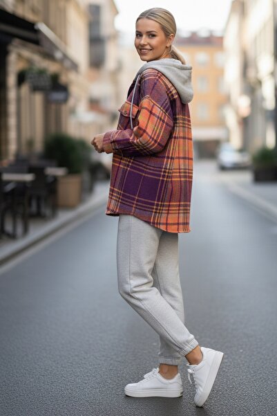 Chiccy Cămașă portocalie cu glugă cu mânecă lungă, în carouri, cu nasturi, cu buzunare, 68 65