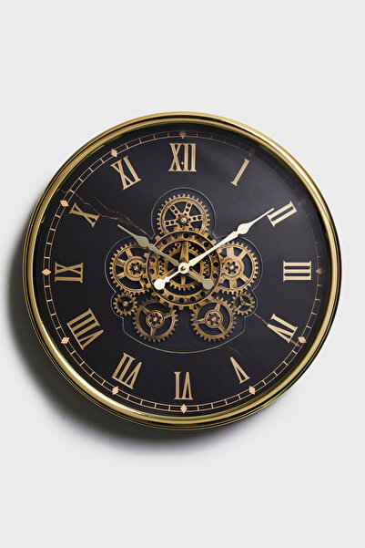 Evine Saat Ve Aksesuar Gold Kaplamalı Çarklı Duvar Saati