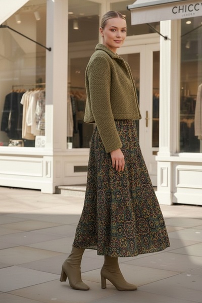 Chiccy Σκούρο πράσινο με έθνικ σχέδιο Allover με τύπωμα ελαστική μέση casual μακριά υφαντή φούστα 95 60