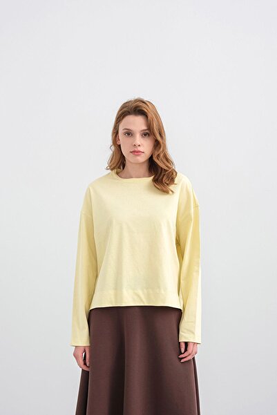 Basicpark Yellow Women's Crew Neck Skirt Slit 100% Cotton Oversized Basic Sweatshirt
