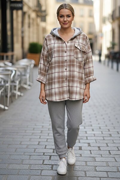 Chiccy Milky Brown Hooded Long Sleeve Lumberjack Plaid Button Pocket Woven Shirt 68 65