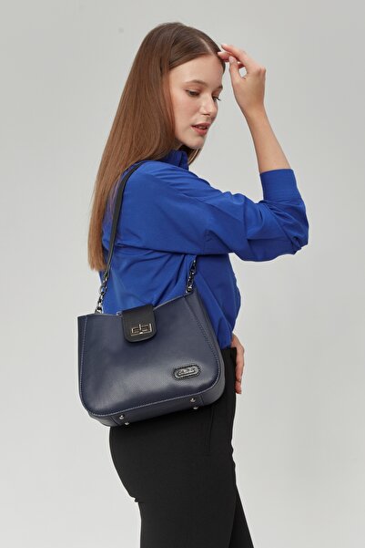 Morpelikan Women's Three-Compartment Lock Closure Adjustable Shoulder and Crossbody Strap Navy Blue Shoulder Bag