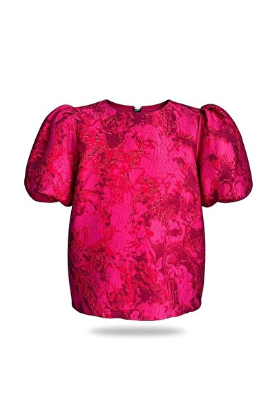 Eight Fashion Women's Jacquard Shiny Ruched Elasticized Balloon Sleeve Blouse