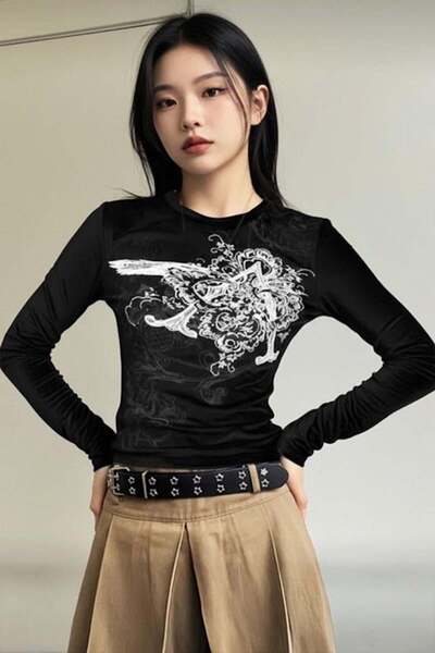 Karakedi Gothic Punk Patterned Long Sleeve Black Bodysuit