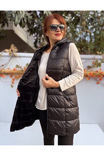 DenizEge K Hooded Vest with Fur Inside Black
