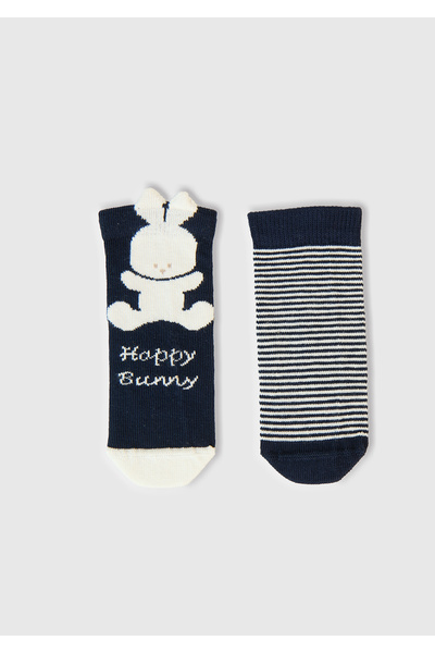 United Colors of Benetton Baby navy blue rabbit graphic and striped 2-piece sock set