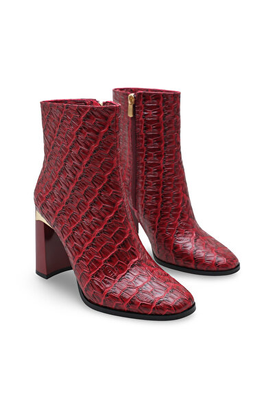 Women Lay-z Women's Burgundy Crocodile Patent Leather, 9.5 cm Heeled, Square Toe Modern and Stylish Bootie Boots