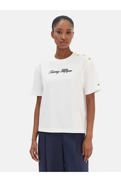 Tommy Hilfiger Women's Logo Short Sleeve Cotton White T-Shirt Ww0Ww47819-Ybl