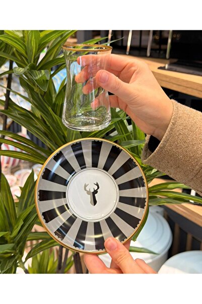 Carmen 12 Parça Siyah Geyik Altın Yaldızlı 6 Kişilik Çay Takımı Seti