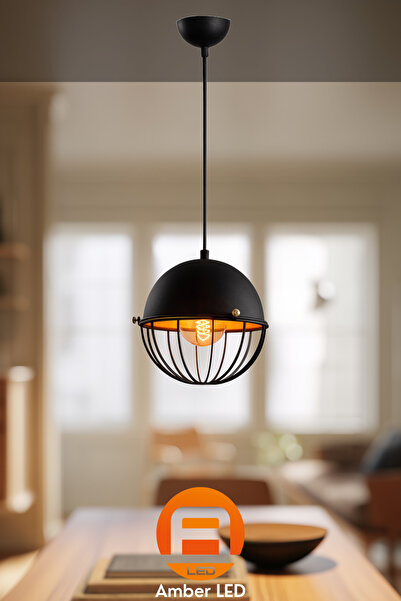 AmberLED Metal Gövdeli Tekli Sarkıt Avize Pütürlü Siyah Mutfak ve Salon İçin ...