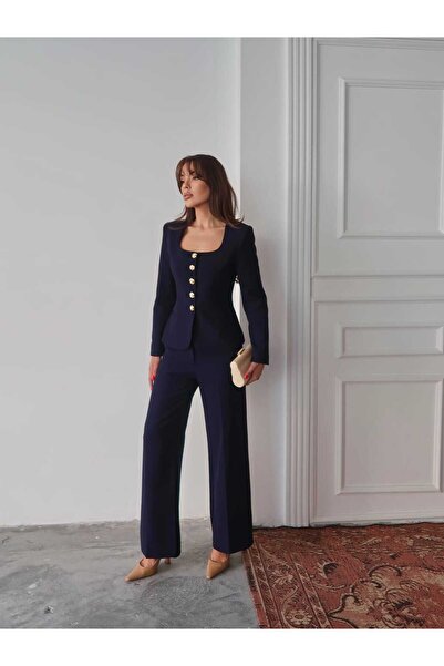 Swass Jane Button Tailored Suit Navy Blue