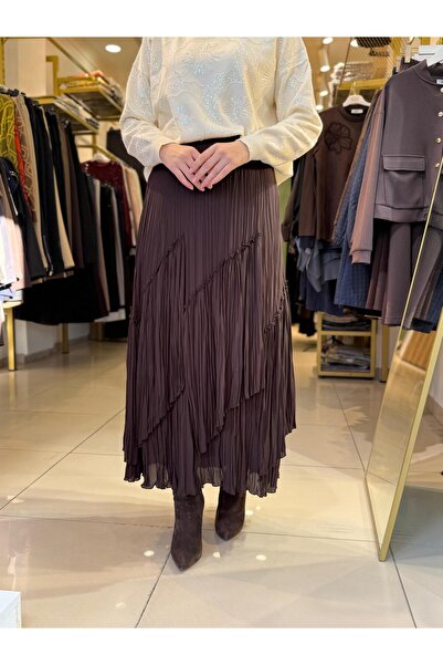 Sentez 5475 Viola Parçalı Şifon Kırıştırma Etek Kahverengi