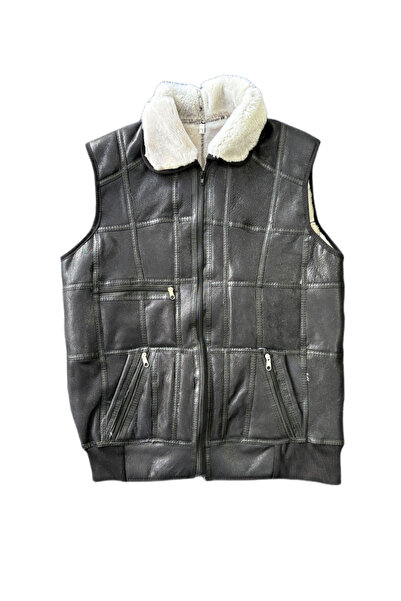 ln leather Patchwoork İçi Dışı Gerçek Deri Yakalı Beli Trikolu Yelek