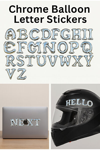 BENİMSER REKLAM ملصق حروف بالونية - مجموعة ملصقات حروف معدنية ثلاثية الأبعاد (لابتوب، خوذة، دراجة نارية، سيارة، دفتر ملاحظات)
