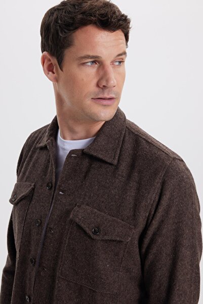 Tudors Men's regular fit relaxed cut brown shirt with double pocket flap and snap closure