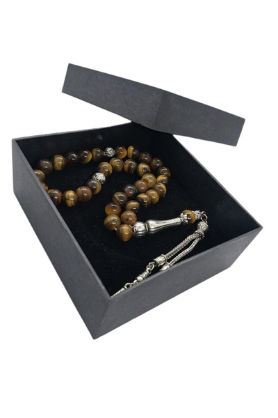 oftenadmire سبحة من الحجر الطبيعي على شكل عين النمر، 33 حبة بلون فضي، نموذج مزدوج مع شراشيب، يأتي في علبة هدايا