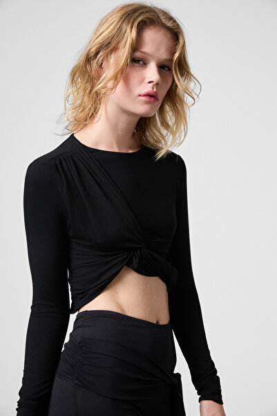 GRIMELANGE Slate Women's Round Neck Front Knot Detailed Fitted Stretchy Fabric Crop Black Blouse