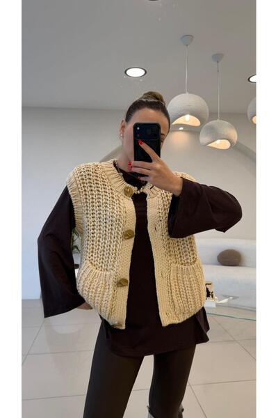 Şulenin Butiği GOLD DÜĞMELİ ÖRGÜ YELEK PREMİUM TAŞ