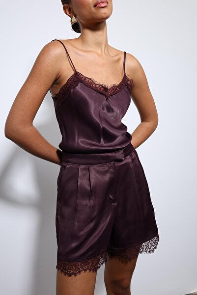 Antioch Burgundy Lace Detailed Satin Top