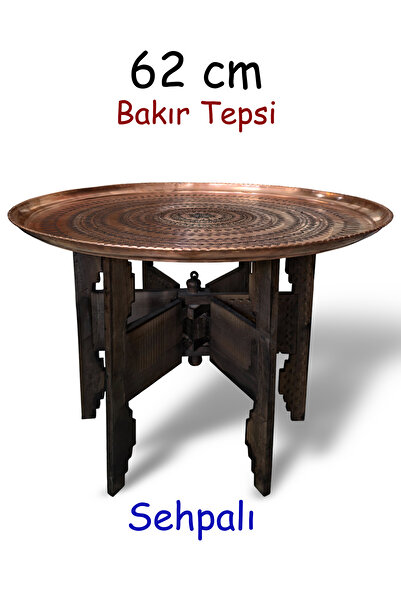 Binbir Trend 62 cm Hand Embroidered Authentic Patterned Thick Urfa Copper Tray + Foldable Coffee Table - Copper-Tps496