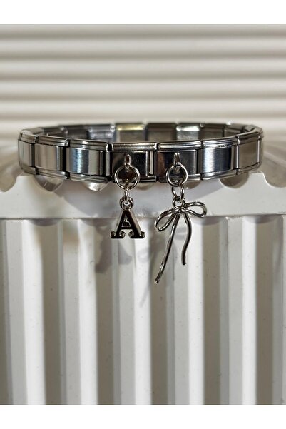 bijoux uniques سوار إيطالي من الفولاذ مع حرف A وشريط مزين