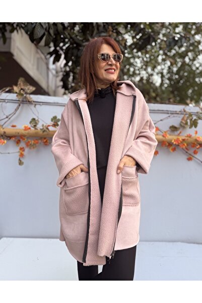 DenizEge Women's Italian K Hooded Nubuck Coat Powder