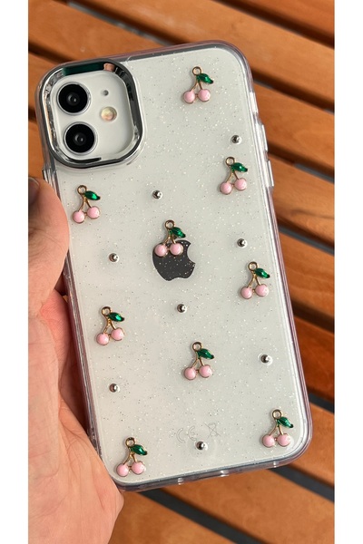 EDELFU iPhone 11 - Şeffaf Simli Pembe Kiraz Desenli Kapak Kamera Çıkıntılı Pa...