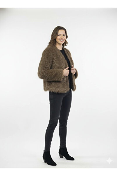 CELTMODA Women's Lined Furry Buttoned Imported Fur Cardigan