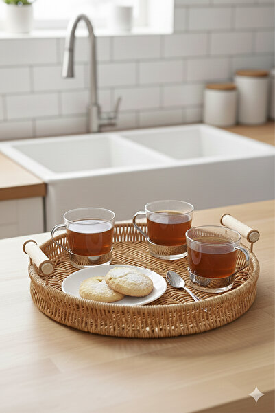 Home Ravera Rattan Decorative Presentation Serving Tray 31 cm Round Tray with Wooden Handle