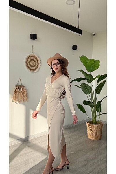 modadagiyim Red V-Neck Asymmetrical Cut Waist Buckle Detail Midi Very Stylish Dress