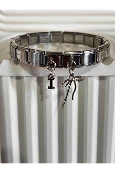 bijoux uniques سوار إيطالي من الفولاذ مع شريط مزين بحرف I