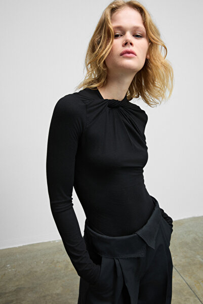 GRIMELANGE Haze Women's Round Neck Front Knot Detail Long Sleeve Bodycon Stretchy Fabric Snap Fastener Black Bodysuit