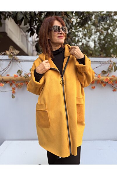 DenizEge Women's Italian K Hooded Nubuck Coat Mustard