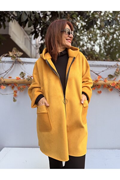 DenizEge Women's Italian K Hooded Nubuck Coat Mustard