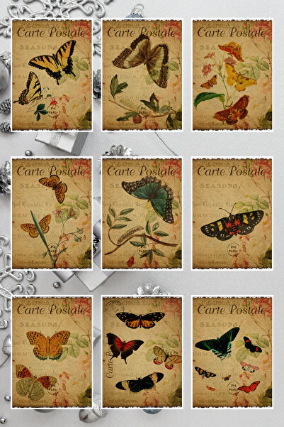 qoeuyl boutique Set de 9 cărți poștale de Crăciun cu design retro cu fluturi
