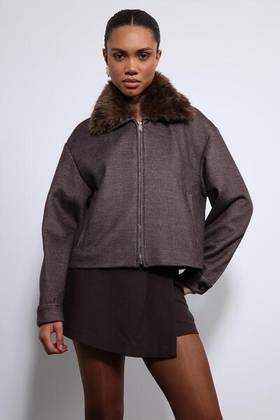 Antioch Kahve Yün Karışımlı Suni Kürk Yaka Ceket
