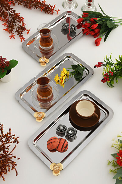 AKSESUAR EVRENİ Kumbet Silver Rectangular Stainless Steel Gold Flower and Stone Detailed 3-Piece Coffee Serving Presentation Tray