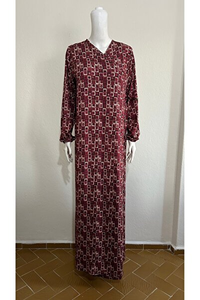 GİZGİYİM Burgundy Combed Cotton Patterned Side Tie Prayer Dress Plus Size