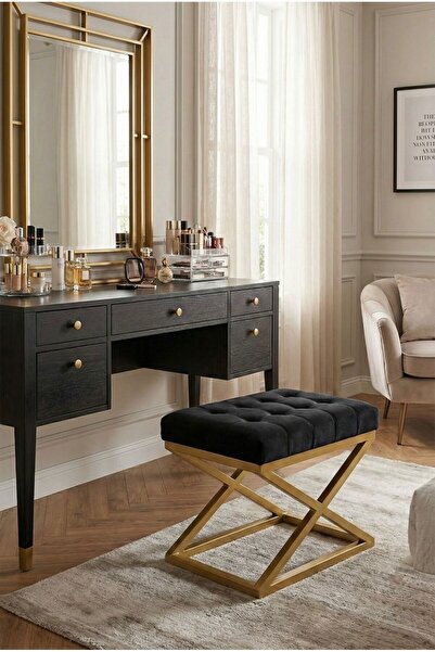 TodekHome Nexus Babyface Kapitoneli Puf - Gold Metal X Ayaklı Modern Bench (5...